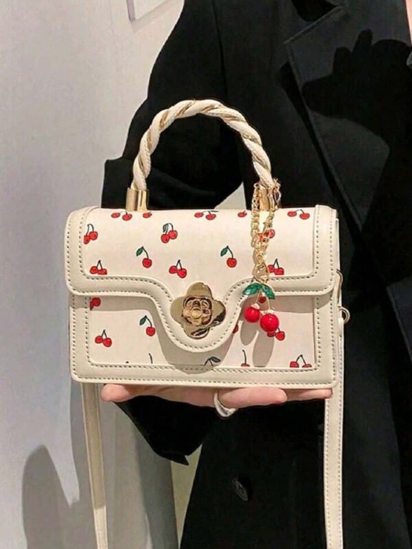 Bolso tote de PU de alta gama y estilo moderno con forma cuadrada versátil y un bonito estampado de cerezas, perfecto para ir de compras, citas o para llevar cruzado. Elementos de cereza kawaii para San Valentín. - Imagen 10