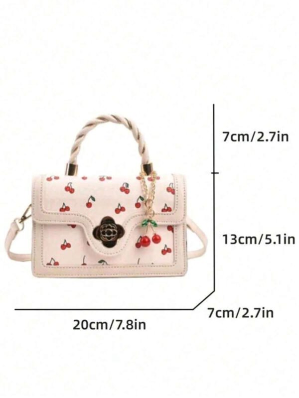 Bolso tote de PU de alta gama y estilo moderno con forma cuadrada versátil y un bonito estampado de cerezas, perfecto para ir de compras, citas o para llevar cruzado. Elementos de cereza kawaii para San Valentín. - Imagen 14