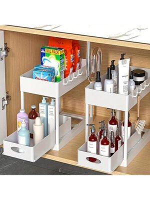 Aoshet Juego de 2 estantes de almacenamiento para el lavabo del baño, contenedores del gabinete del baño, canasta deslizante doble para el gabinete, cesto de almacenamiento multifuncional para el baño, debajo del gabinete con 8 ganchos para estantes de almacenamiento