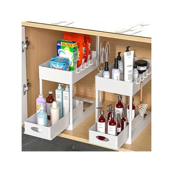 Aoshet Juego de 2 estantes de almacenamiento para el lavabo del baño, contenedores del gabinete del baño, canasta deslizante doble para el gabinete, cesto de almacenamiento multifuncional para el baño, debajo del gabinete con 8 ganchos para estantes de almacenamiento