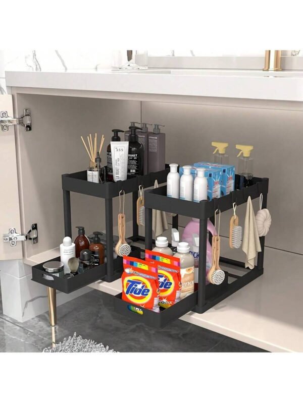 Aoshet Juego de 2 estantes de almacenamiento para el lavabo del baño, contenedores del gabinete del baño, canasta deslizante doble para el gabinete, cesto de almacenamiento multifuncional para el baño, debajo del gabinete con 8 ganchos para estantes de almacenamiento - Imagen 3