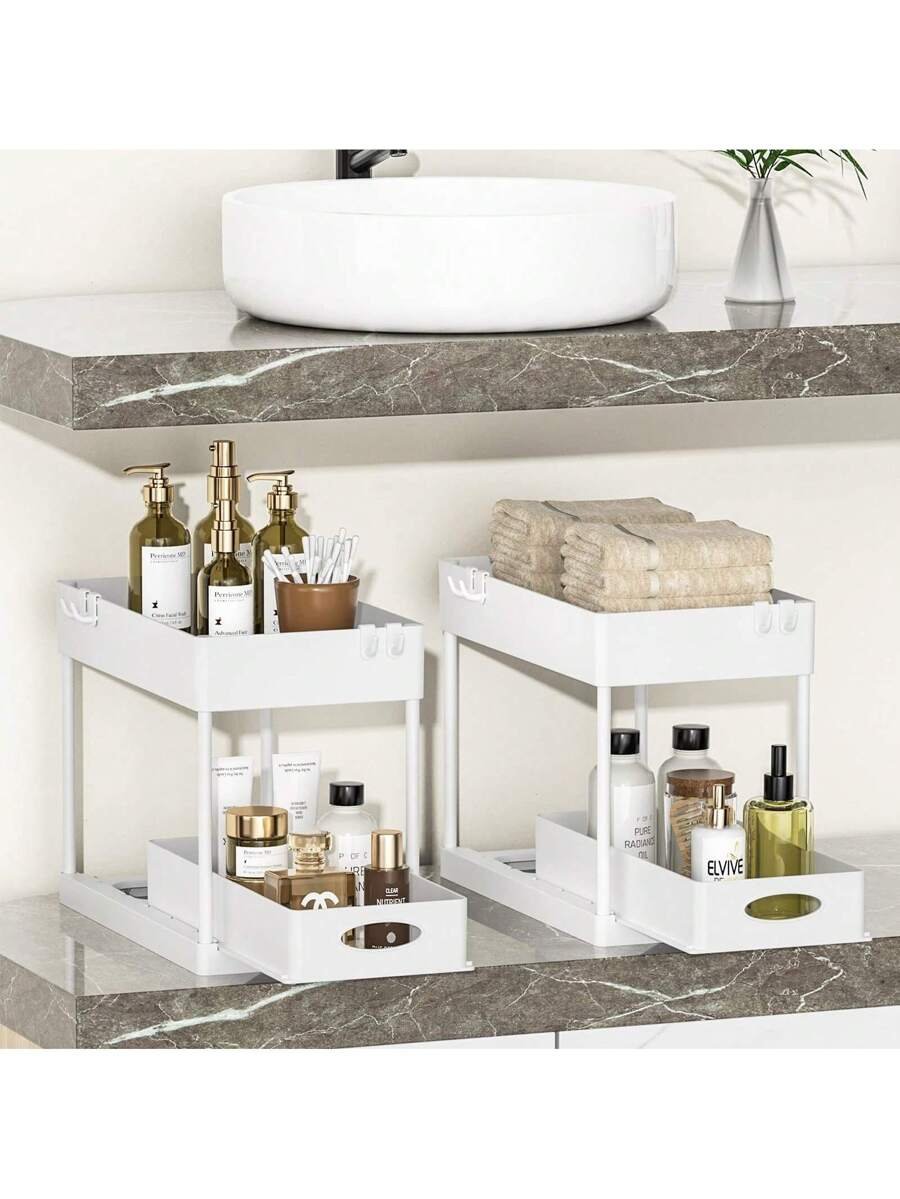 Aoshet Juego de 2 estantes de almacenamiento para el lavabo del baño, contenedores del gabinete del baño, canasta deslizante doble para el gabinete, cesto de almacenamiento multifuncional para el baño, debajo del gabinete con 8 ganchos para estantes de almacenamiento - Imagen 4