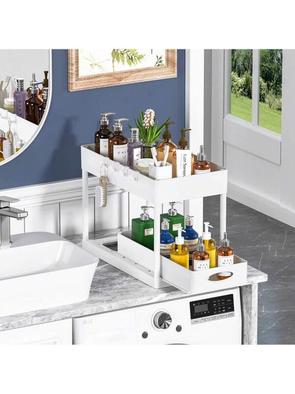 Aoshet Juego de 2 estantes de almacenamiento para el lavabo del baño, contenedores del gabinete del baño, canasta deslizante doble para el gabinete, cesto de almacenamiento multifuncional para el baño, debajo del gabinete con 8 ganchos para estantes de almacenamiento - Imagen 5