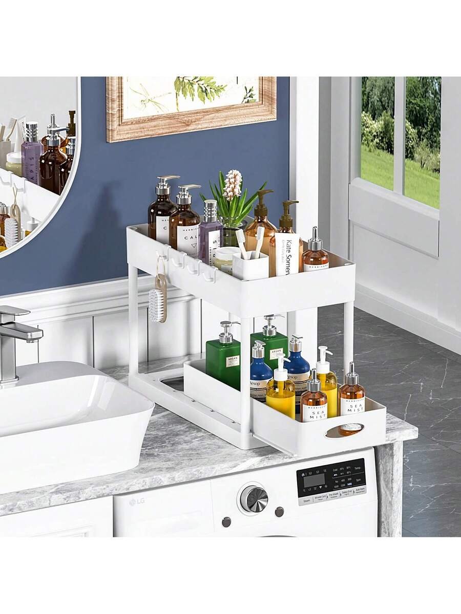 Aoshet Juego de 2 estantes de almacenamiento para el lavabo del baño, contenedores del gabinete del baño, canasta deslizante doble para el gabinete, cesto de almacenamiento multifuncional para el baño, debajo del gabinete con 8 ganchos para estantes de almacenamiento - Imagen 5