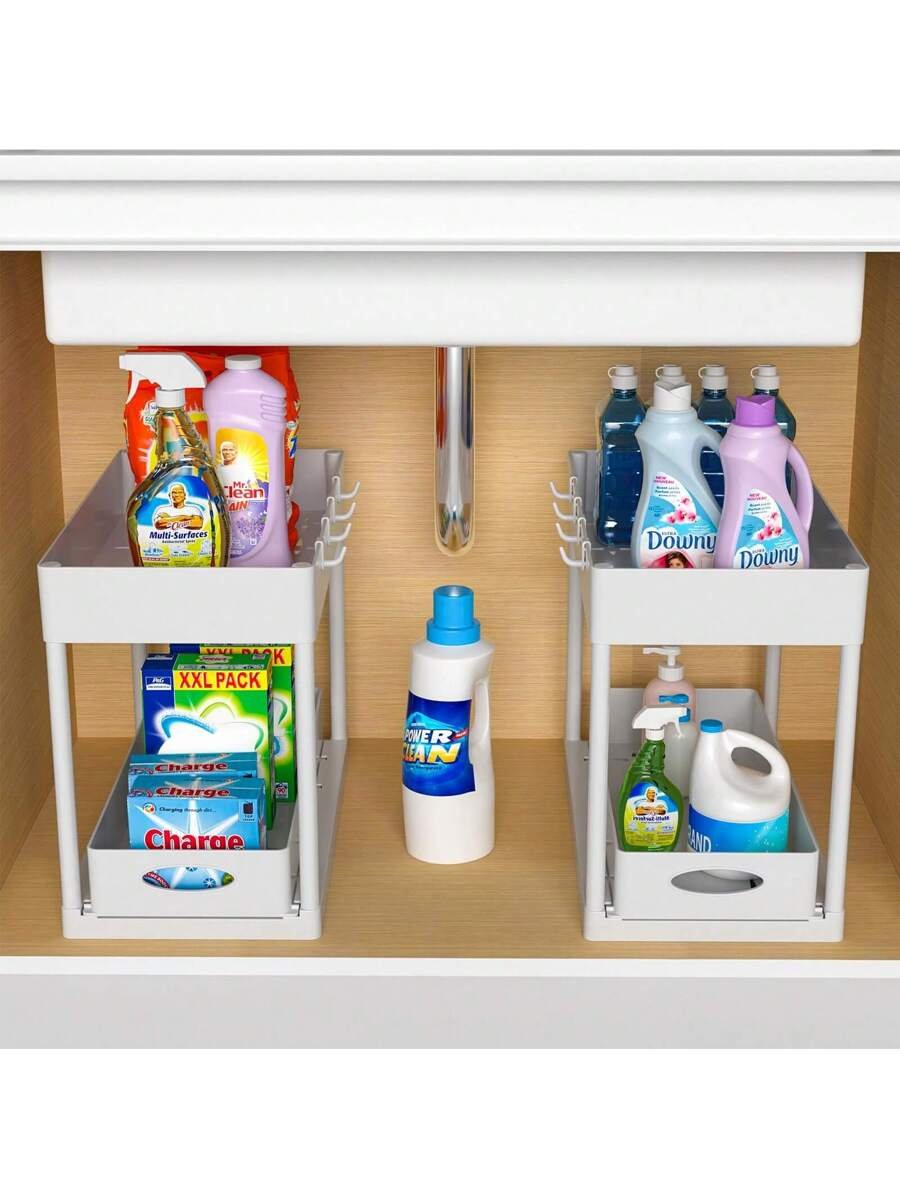 Aoshet Juego de 2 estantes de almacenamiento para el lavabo del baño, contenedores del gabinete del baño, canasta deslizante doble para el gabinete, cesto de almacenamiento multifuncional para el baño, debajo del gabinete con 8 ganchos para estantes de almacenamiento - Imagen 7