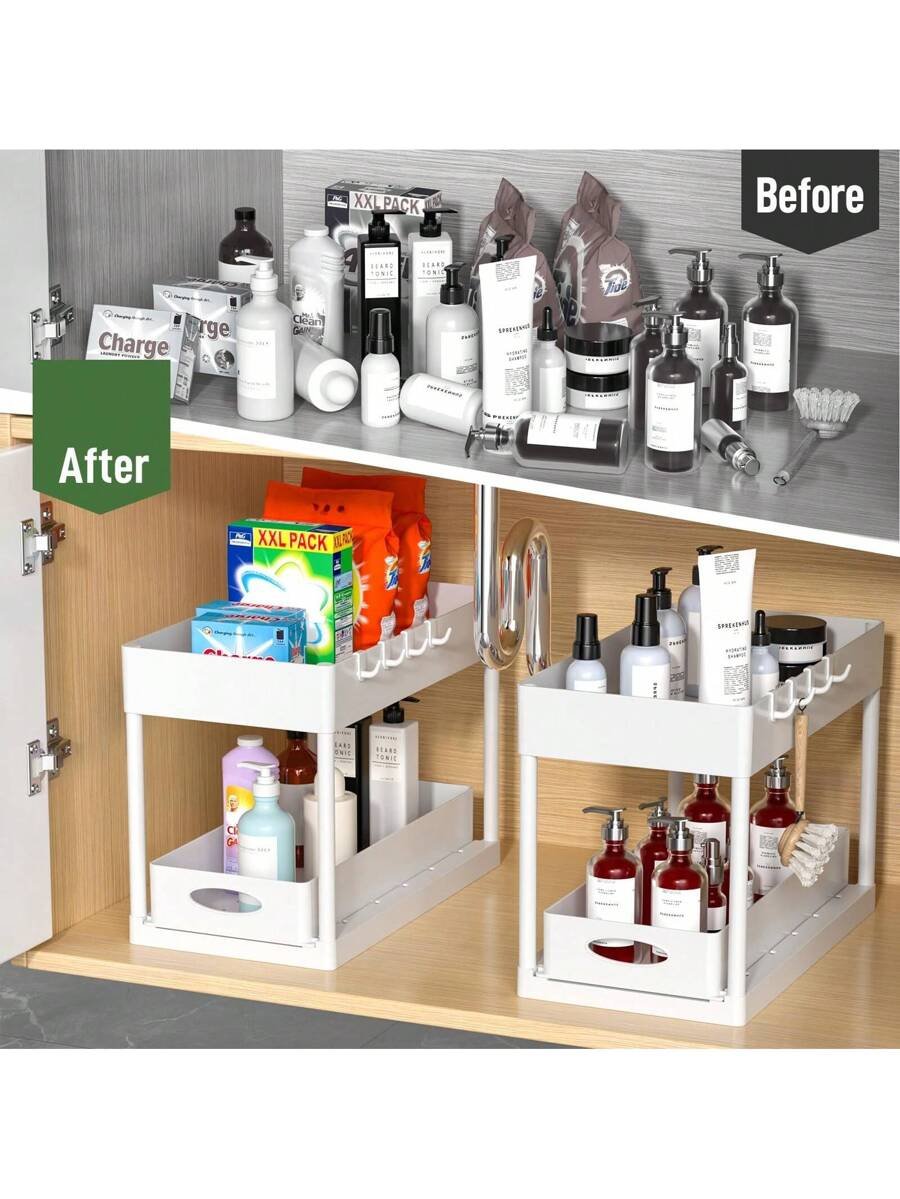 Aoshet Juego de 2 estantes de almacenamiento para el lavabo del baño, contenedores del gabinete del baño, canasta deslizante doble para el gabinete, cesto de almacenamiento multifuncional para el baño, debajo del gabinete con 8 ganchos para estantes de almacenamiento - Imagen 8