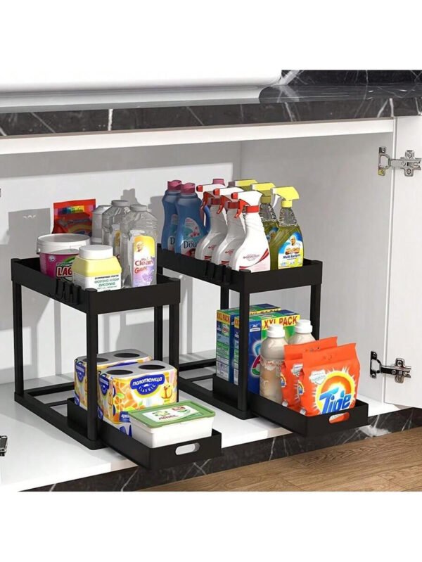 Aoshet Juego de 2 estantes de almacenamiento para el lavabo del baño, contenedores del gabinete del baño, canasta deslizante doble para el gabinete, cesto de almacenamiento multifuncional para el baño, debajo del gabinete con 8 ganchos para estantes de almacenamiento - Imagen 9