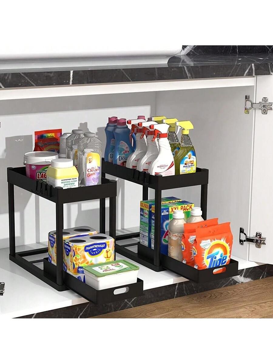 Aoshet Juego de 2 estantes de almacenamiento para el lavabo del baño, contenedores del gabinete del baño, canasta deslizante doble para el gabinete, cesto de almacenamiento multifuncional para el baño, debajo del gabinete con 8 ganchos para estantes de almacenamiento - Imagen 9