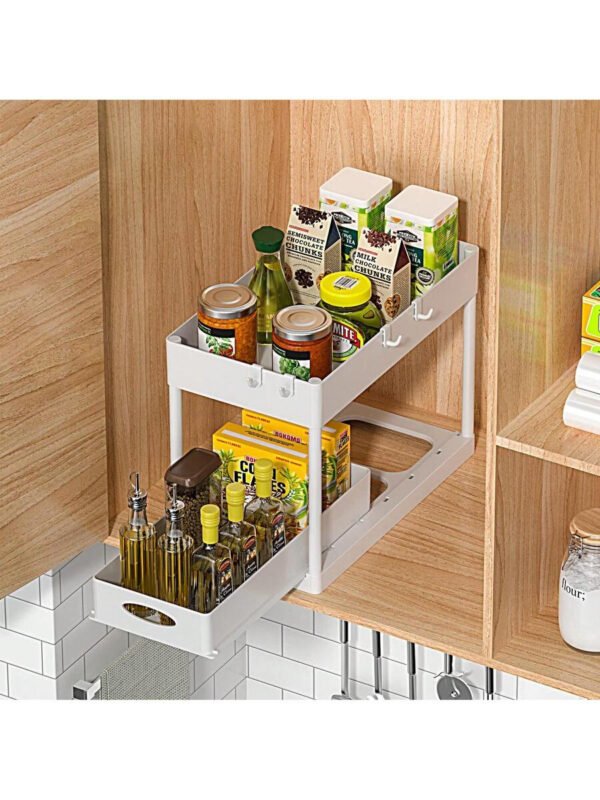 Aoshet Juego de 2 estantes de almacenamiento para el lavabo del baño, contenedores del gabinete del baño, canasta deslizante doble para el gabinete, cesto de almacenamiento multifuncional para el baño, debajo del gabinete con 8 ganchos para estantes de almacenamiento - Imagen 10