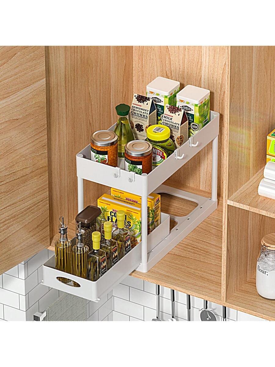 Aoshet Juego de 2 estantes de almacenamiento para el lavabo del baño, contenedores del gabinete del baño, canasta deslizante doble para el gabinete, cesto de almacenamiento multifuncional para el baño, debajo del gabinete con 8 ganchos para estantes de almacenamiento - Imagen 10