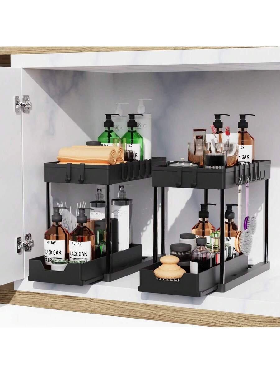Aoshet Juego de 2 estantes de almacenamiento para el lavabo del baño, contenedores del gabinete del baño, canasta deslizante doble para el gabinete, cesto de almacenamiento multifuncional para el baño, debajo del gabinete con 8 ganchos para estantes de almacenamiento - Imagen 11