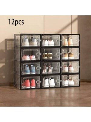 Cajas de zapatos transparentes gruesas con tapa (6/12 piezas), zapateros plegables, apilables y de combinación libre, contenedores de plástico para zapatillas, organizadores de almacenamiento que ahorran espacio para la entrada, el dormitorio, el hogar y el dormitorio.