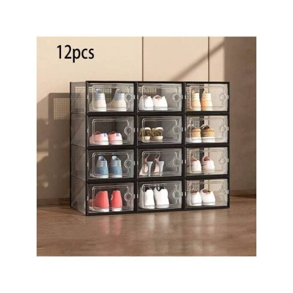 Cajas de zapatos transparentes gruesas con tapa (6/12 piezas), zapateros plegables, apilables y de combinación libre, contenedores de plástico para zapatillas, organizadores de almacenamiento que ahorran espacio para la entrada, el dormitorio, el hogar y el dormitorio.