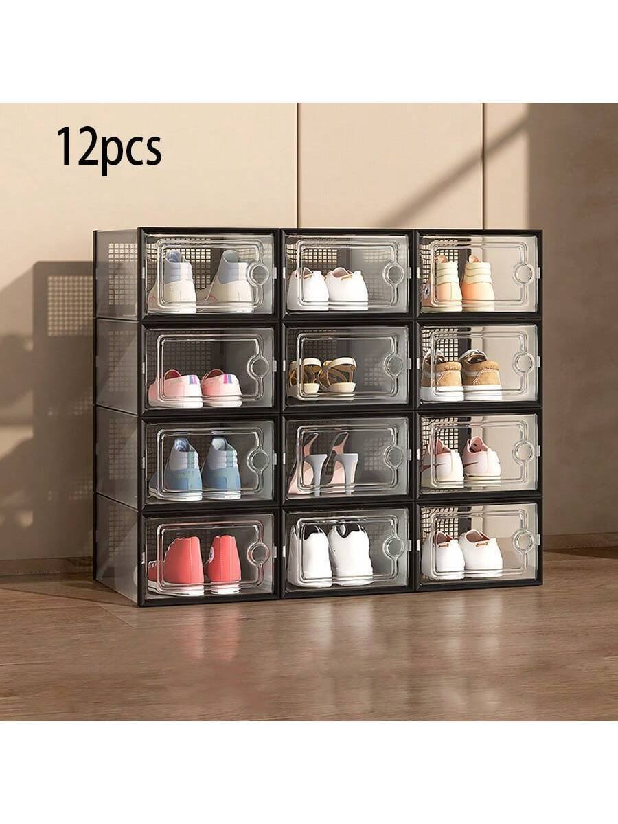 Cajas de zapatos transparentes gruesas con tapa (6/12 piezas), zapateros plegables, apilables y de combinación libre, contenedores de plástico para zapatillas, organizadores de almacenamiento que ahorran espacio para la entrada, el dormitorio, el hogar y el dormitorio. - Imagen 2