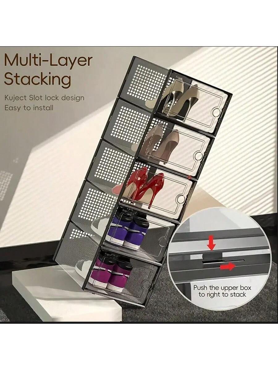 Cajas de zapatos transparentes gruesas con tapa (6/12 piezas), zapateros plegables, apilables y de combinación libre, contenedores de plástico para zapatillas, organizadores de almacenamiento que ahorran espacio para la entrada, el dormitorio, el hogar y el dormitorio. - Imagen 3