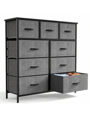 Cómoda de tela con 9 cajones, estructura de acero y tablero de madera para dormitorio, armario y entrada.