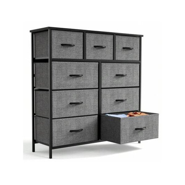 Cómoda de tela con 9 cajones, estructura de acero y tablero de madera para dormitorio, armario y entrada.