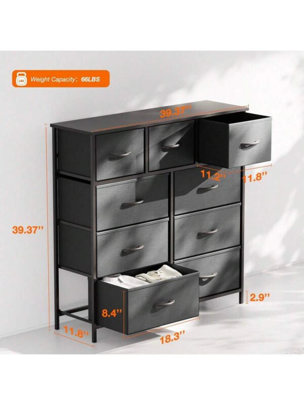 Cómoda de tela con 9 cajones, estructura de acero y tablero de madera para dormitorio, armario y entrada. - Imagen 4