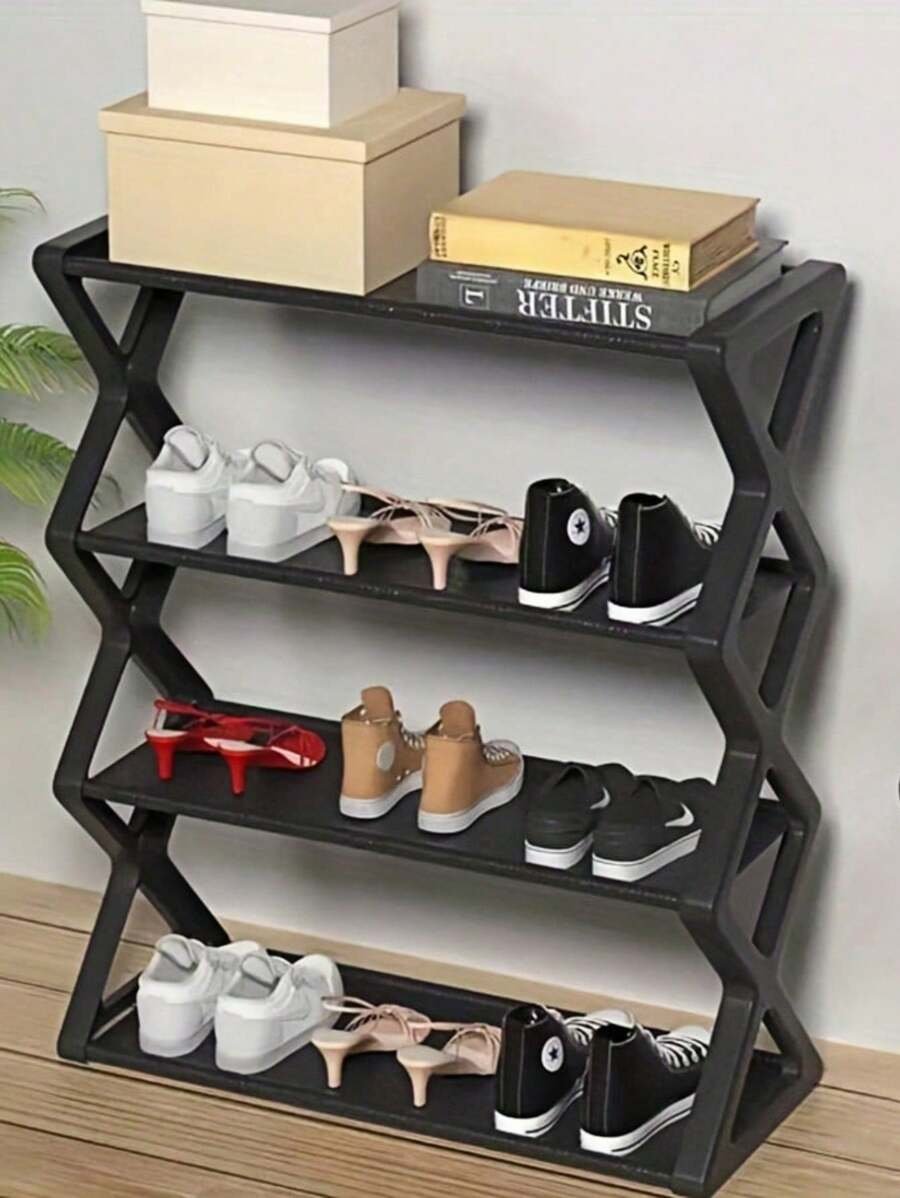 1 PIEZA Estantería plegable de plástico de 4 niveles, organizador de almacenamiento de zapatos reforzado y grueso, estantería de zapatos multinivel ahorradora de espacio, tubo de acero en forma de X resistente y a prueba de polvo, fácil de montar, gabinete de zapatos para entradas, pasillos, dormitorios, dormitorios, apartamentos, armarios, diseño antideslizante, organizador de zapatos compacto para espacios pequeños, ideal para mujeres, hombres, estudiantes universitarios, familias numerosas, inquilinos, perfecto para regalos de Navidad, decoración del hogar de Año Nuevo - Imagen 2