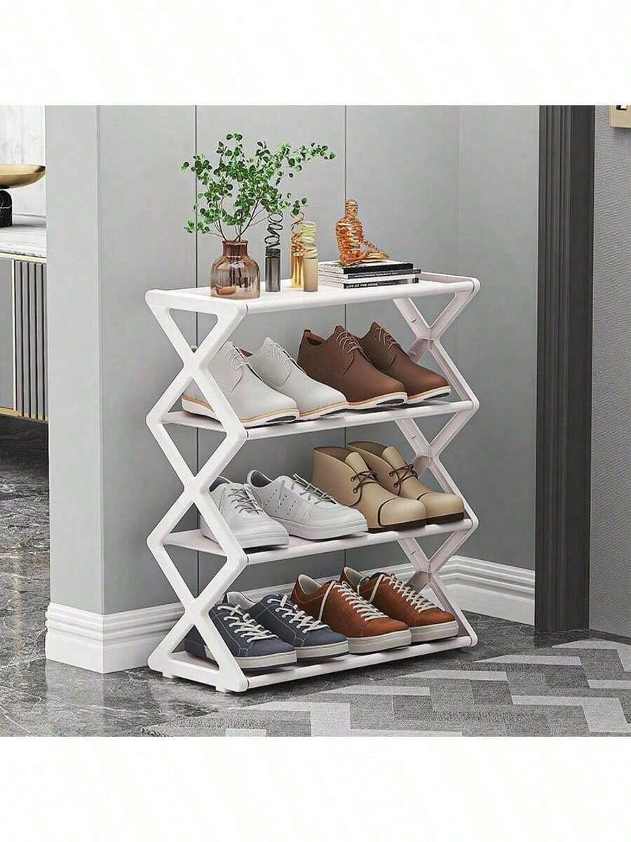 1 PIEZA Estantería plegable de plástico de 4 niveles, organizador de almacenamiento de zapatos reforzado y grueso, estantería de zapatos multinivel ahorradora de espacio, tubo de acero en forma de X resistente y a prueba de polvo, fácil de montar, gabinete de zapatos para entradas, pasillos, dormitorios, dormitorios, apartamentos, armarios, diseño antideslizante, organizador de zapatos compacto para espacios pequeños, ideal para mujeres, hombres, estudiantes universitarios, familias numerosas, inquilinos, perfecto para regalos de Navidad, decoración del hogar de Año Nuevo - Imagen 4