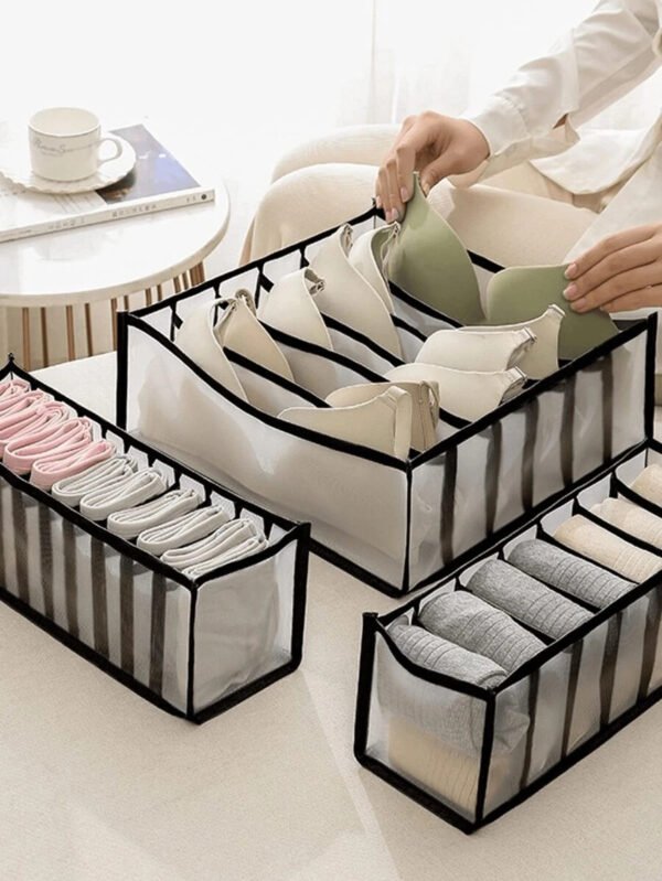 Set de 3 piezas / 1 pieza Caja de almacenamiento de ropa interior con ribete de contraste, "de uso versátil" Set organizador de 3 piezas de ropa interior y calcetines - Divisores de cajón de plástico para un almacenamiento eficiente en el armario, divisor de ropa grande para armario, caja de almacenamiento de 7 gabinetes lavable, bolsa de almacenamiento plegable para ropa interior, decoraciones de otoño, decoración festiva, decoración de habitación, decoración del hogar, necesidad de verano para mujeres, organizador de almacenamiento, regalo de viaje - Imagen 9
