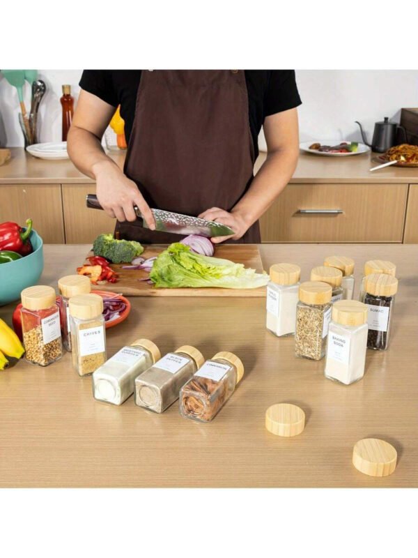 12 cajas compactas de almacenamiento de especias de bambú, adecuadas para encimeras y cajones de cocina, llenas de especias. - Imagen 5