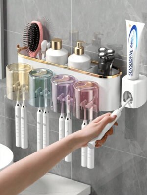 1 Juego de Soporte para Cepillo de Dientes Montado en la Pared, con 4/3/2 Tazas a Prueba de Polvo y Dispensador de Pasta de Dientes, Organizador Multifuncional de Baño con Dispensador Automático de Pasta de Dientes y Tazas, Estantería de Baño sin Perforación, Juego de Baño de Lujo, Organizador de Pared de Baño para Cepillado de Dientes y Almacenamiento, Accesorios de Baño para Uso Doméstico