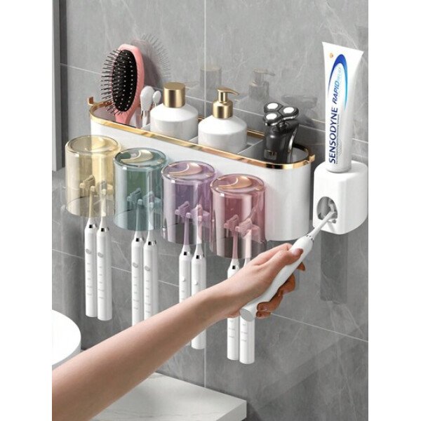 1 Juego de Soporte para Cepillo de Dientes Montado en la Pared, con 4/3/2 Tazas a Prueba de Polvo y Dispensador de Pasta de Dientes, Organizador Multifuncional de Baño con Dispensador Automático de Pasta de Dientes y Tazas, Estantería de Baño sin Perforación, Juego de Baño de Lujo, Organizador de Pared de Baño para Cepillado de Dientes y Almacenamiento, Accesorios de Baño para Uso Doméstico