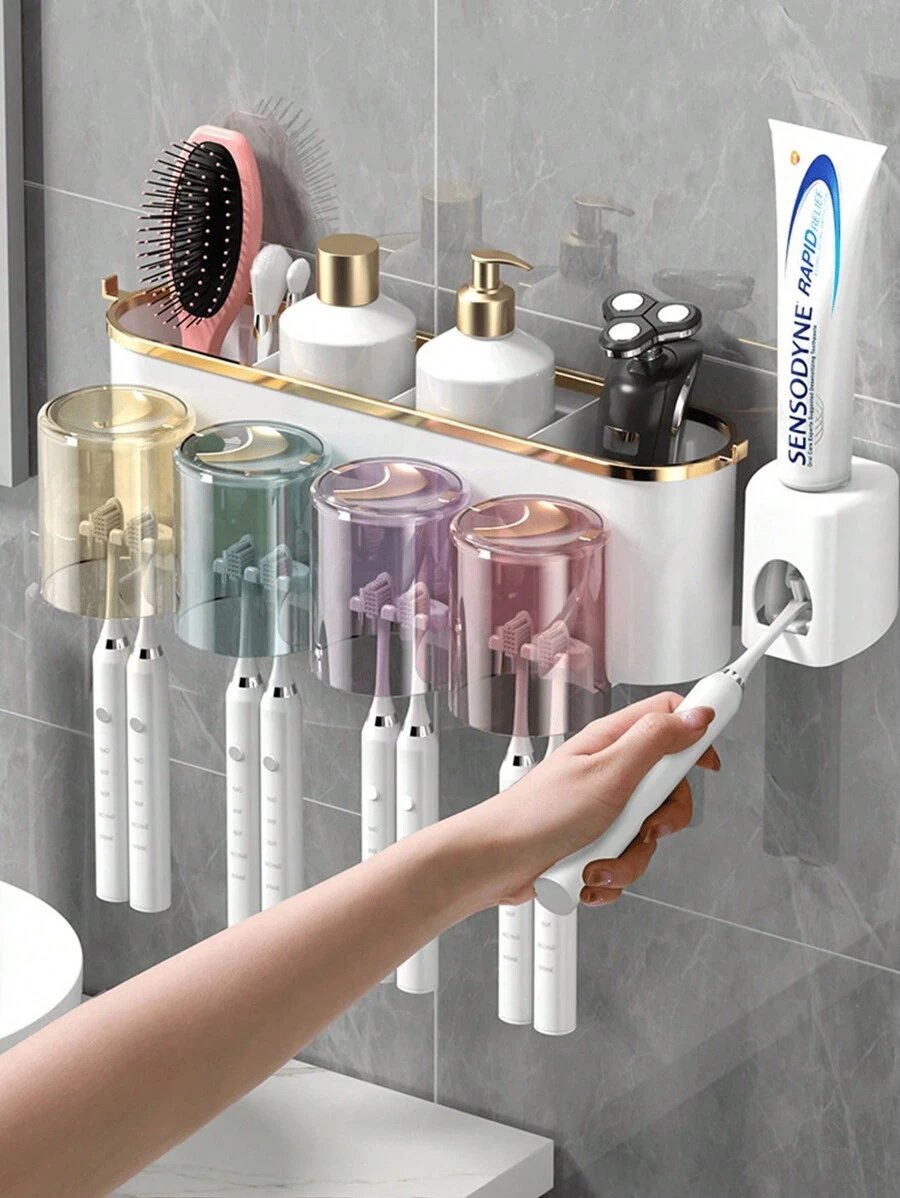 1 Juego de Soporte para Cepillo de Dientes Montado en la Pared, con 4/3/2 Tazas a Prueba de Polvo y Dispensador de Pasta de Dientes, Organizador Multifuncional de Baño con Dispensador Automático de Pasta de Dientes y Tazas, Estantería de Baño sin Perforación, Juego de Baño de Lujo, Organizador de Pared de Baño para Cepillado de Dientes y Almacenamiento, Accesorios de Baño para Uso Doméstico - Imagen 2