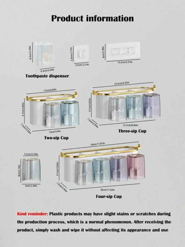 1 Juego de Soporte para Cepillo de Dientes Montado en la Pared, con 4/3/2 Tazas a Prueba de Polvo y Dispensador de Pasta de Dientes, Organizador Multifuncional de Baño con Dispensador Automático de Pasta de Dientes y Tazas, Estantería de Baño sin Perforación, Juego de Baño de Lujo, Organizador de Pared de Baño para Cepillado de Dientes y Almacenamiento, Accesorios de Baño para Uso Doméstico - Imagen 3