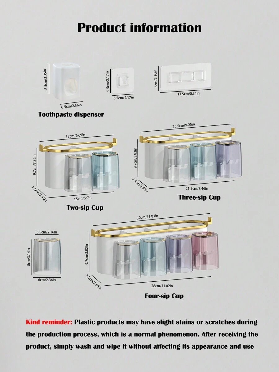 1 Juego de Soporte para Cepillo de Dientes Montado en la Pared, con 4/3/2 Tazas a Prueba de Polvo y Dispensador de Pasta de Dientes, Organizador Multifuncional de Baño con Dispensador Automático de Pasta de Dientes y Tazas, Estantería de Baño sin Perforación, Juego de Baño de Lujo, Organizador de Pared de Baño para Cepillado de Dientes y Almacenamiento, Accesorios de Baño para Uso Doméstico - Imagen 3