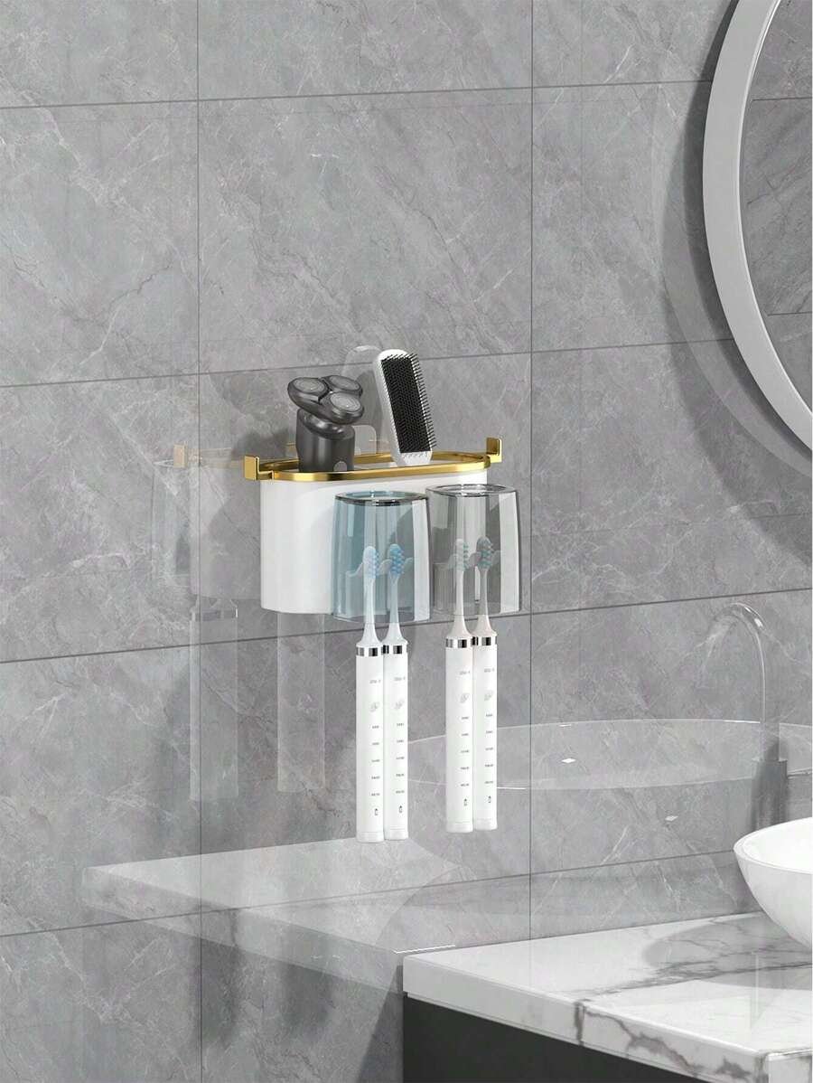 1 Juego de Soporte para Cepillo de Dientes Montado en la Pared, con 4/3/2 Tazas a Prueba de Polvo y Dispensador de Pasta de Dientes, Organizador Multifuncional de Baño con Dispensador Automático de Pasta de Dientes y Tazas, Estantería de Baño sin Perforación, Juego de Baño de Lujo, Organizador de Pared de Baño para Cepillado de Dientes y Almacenamiento, Accesorios de Baño para Uso Doméstico - Imagen 4