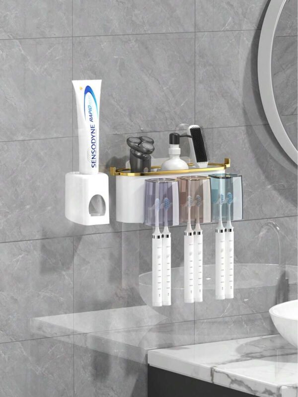 1 Juego de Soporte para Cepillo de Dientes Montado en la Pared, con 4/3/2 Tazas a Prueba de Polvo y Dispensador de Pasta de Dientes, Organizador Multifuncional de Baño con Dispensador Automático de Pasta de Dientes y Tazas, Estantería de Baño sin Perforación, Juego de Baño de Lujo, Organizador de Pared de Baño para Cepillado de Dientes y Almacenamiento, Accesorios de Baño para Uso Doméstico - Imagen 5