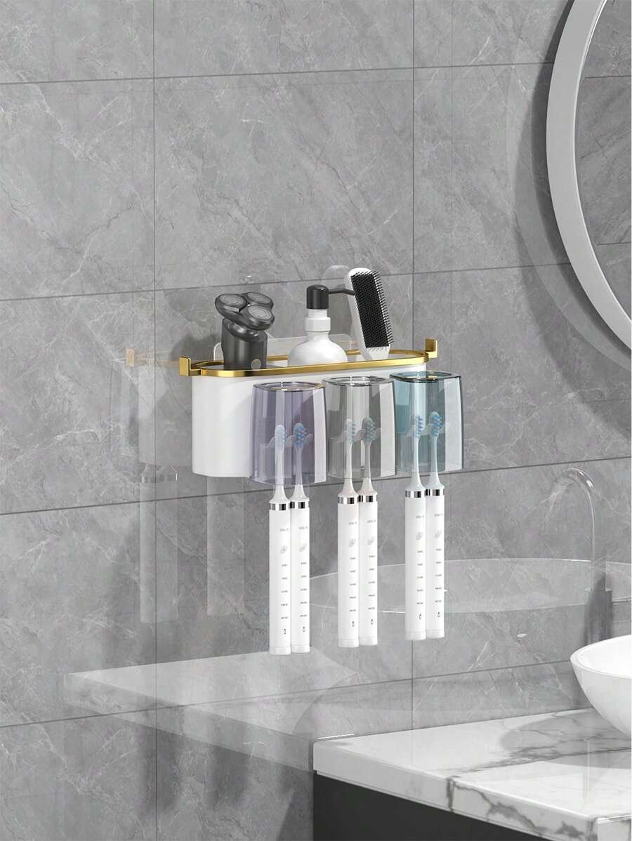 1 Juego de Soporte para Cepillo de Dientes Montado en la Pared, con 4/3/2 Tazas a Prueba de Polvo y Dispensador de Pasta de Dientes, Organizador Multifuncional de Baño con Dispensador Automático de Pasta de Dientes y Tazas, Estantería de Baño sin Perforación, Juego de Baño de Lujo, Organizador de Pared de Baño para Cepillado de Dientes y Almacenamiento, Accesorios de Baño para Uso Doméstico - Imagen 6