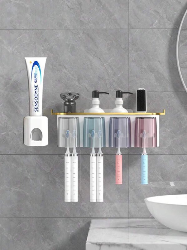 1 Juego de Soporte para Cepillo de Dientes Montado en la Pared, con 4/3/2 Tazas a Prueba de Polvo y Dispensador de Pasta de Dientes, Organizador Multifuncional de Baño con Dispensador Automático de Pasta de Dientes y Tazas, Estantería de Baño sin Perforación, Juego de Baño de Lujo, Organizador de Pared de Baño para Cepillado de Dientes y Almacenamiento, Accesorios de Baño para Uso Doméstico - Imagen 7