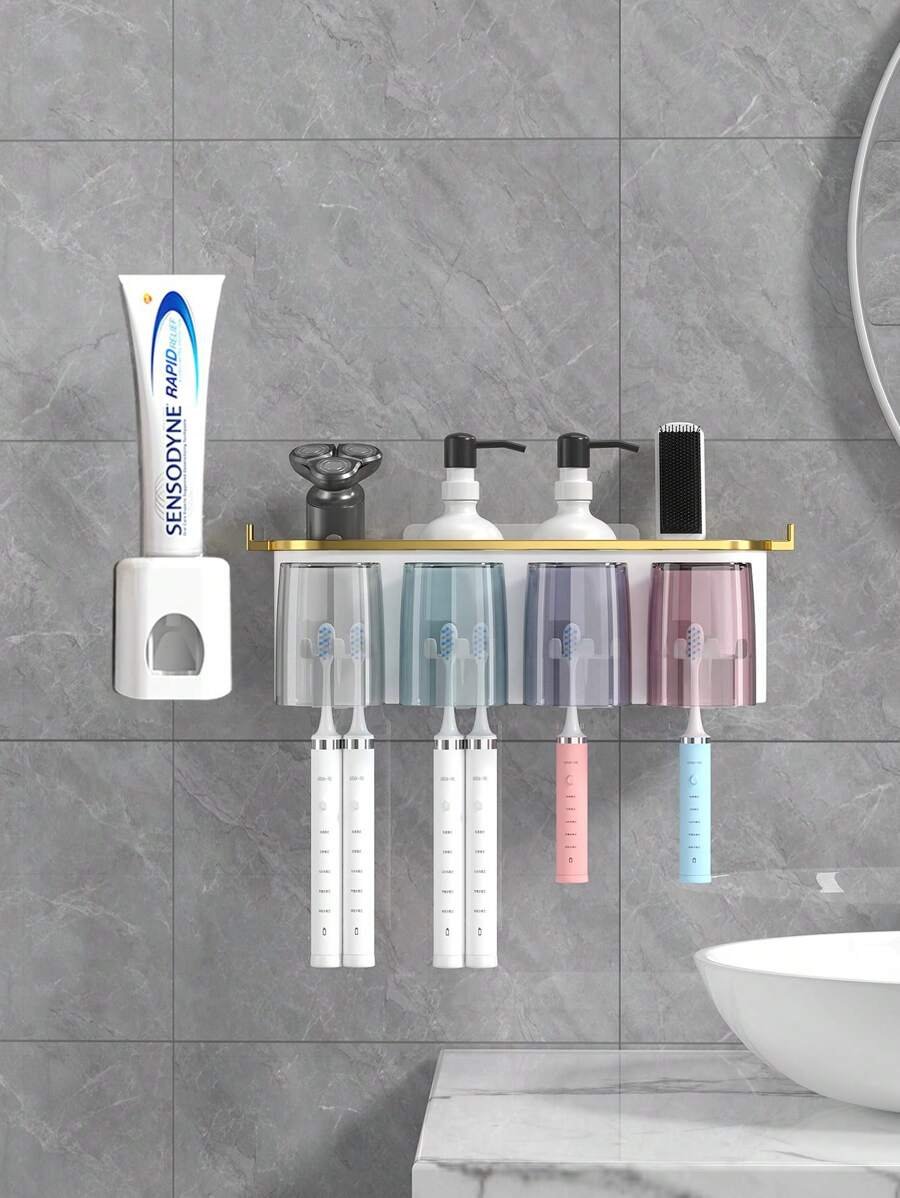 1 Juego de Soporte para Cepillo de Dientes Montado en la Pared, con 4/3/2 Tazas a Prueba de Polvo y Dispensador de Pasta de Dientes, Organizador Multifuncional de Baño con Dispensador Automático de Pasta de Dientes y Tazas, Estantería de Baño sin Perforación, Juego de Baño de Lujo, Organizador de Pared de Baño para Cepillado de Dientes y Almacenamiento, Accesorios de Baño para Uso Doméstico - Imagen 7