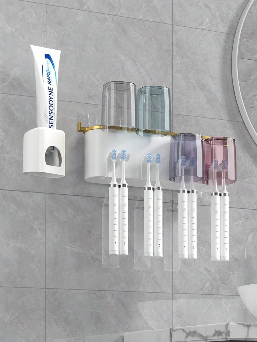 1 Juego de Soporte para Cepillo de Dientes Montado en la Pared, con 4/3/2 Tazas a Prueba de Polvo y Dispensador de Pasta de Dientes, Organizador Multifuncional de Baño con Dispensador Automático de Pasta de Dientes y Tazas, Estantería de Baño sin Perforación, Juego de Baño de Lujo, Organizador de Pared de Baño para Cepillado de Dientes y Almacenamiento, Accesorios de Baño para Uso Doméstico - Imagen 8