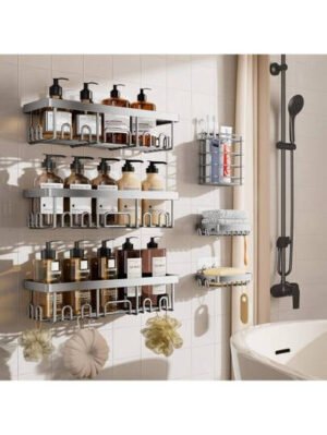 6 Uds. - Cesta de ducha, organizadores de baño, estantes de ducha negros para dentro de la ducha, estantería de pared de acero inoxidable con cestas adheridas, productos de vuelta al colegio