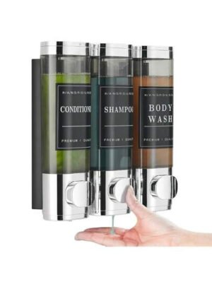 Dispensador de champú y acondicionador, dispensador de jabón de ducha de 3 compartimentos, sin taladro, de pared, para ducha, baño, hotel, gran capacidad, 3300 ml, plateado