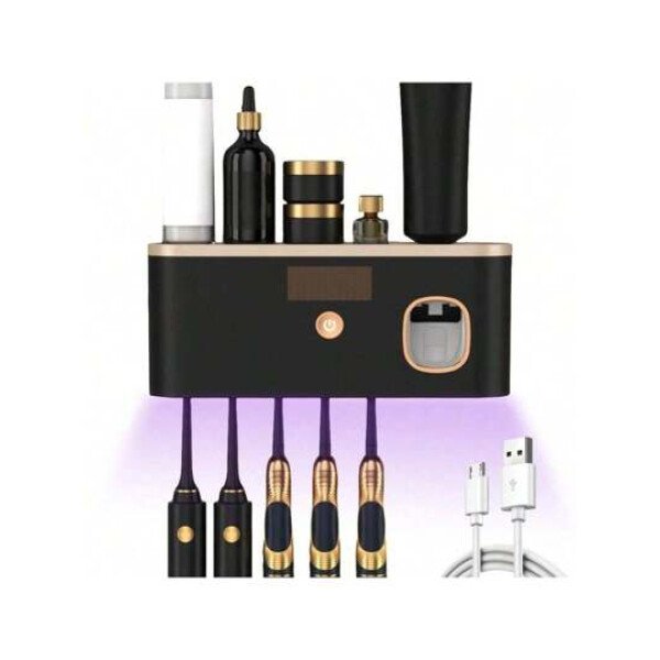 1 Esterilizador de cepillo de dientes inteligente, soporte de pared para cepillo de dientes con dispensador de pasta de dientes, soporte para cepillo de dientes y dispositivo de desinfección, estante de almacenamiento de cepillo de dientes, estante de almacenamiento de cepillo de dientes con 5 ranuras para cepillos, accesorios de baño, decoración del hogar de vuelta a la escuela