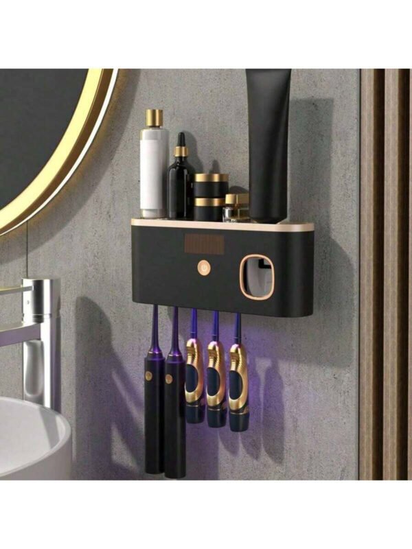 1 Esterilizador de cepillo de dientes inteligente, soporte de pared para cepillo de dientes con dispensador de pasta de dientes, soporte para cepillo de dientes y dispositivo de desinfección, estante de almacenamiento de cepillo de dientes, estante de almacenamiento de cepillo de dientes con 5 ranuras para cepillos, accesorios de baño, decoración del hogar de vuelta a la escuela - Imagen 3