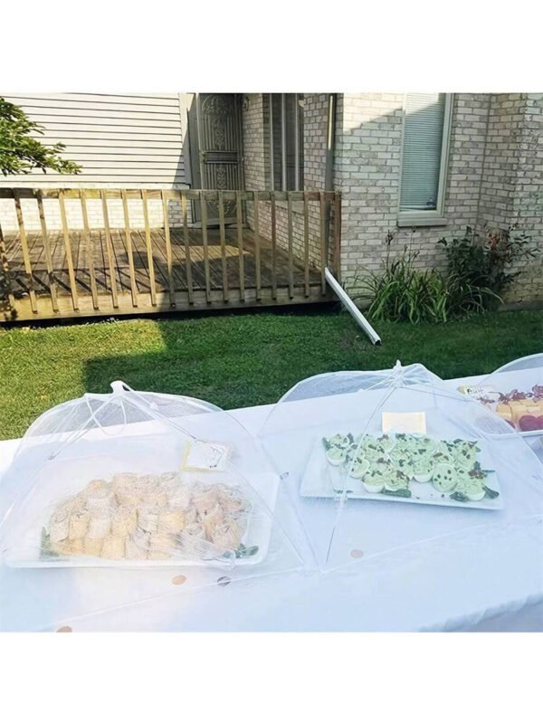 Carpa grande de malla blanca para cubrir alimentos, plegable y lavable, ideal para picnics al aire libre, barbacoas y fiestas. Protege de los insectos con su diseño de malla transparente. Refugio portátil para alimentos con red mosquitera grande. Decoración de cumpleaños, manta de picnic, decoración del hogar - Imagen 5