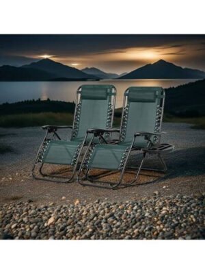 Juego de 2 sillas reclinables relajantes para patio, sillas de gravedad cero ajustables de malla de acero con almohada y portavasos, sillas de playa