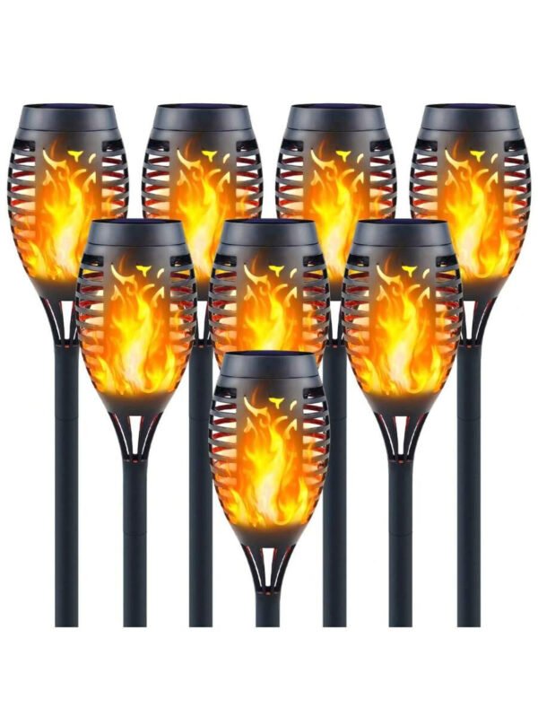 Paquete de 8 luces solares para exteriores con 12 LED: antorchas solares con llama parpadeante para decoración de jardín, iluminación de caminos actualizada, lámpara decorativa impermeable para exteriores, patio, césped, antorchas Tiki. - Imagen 2