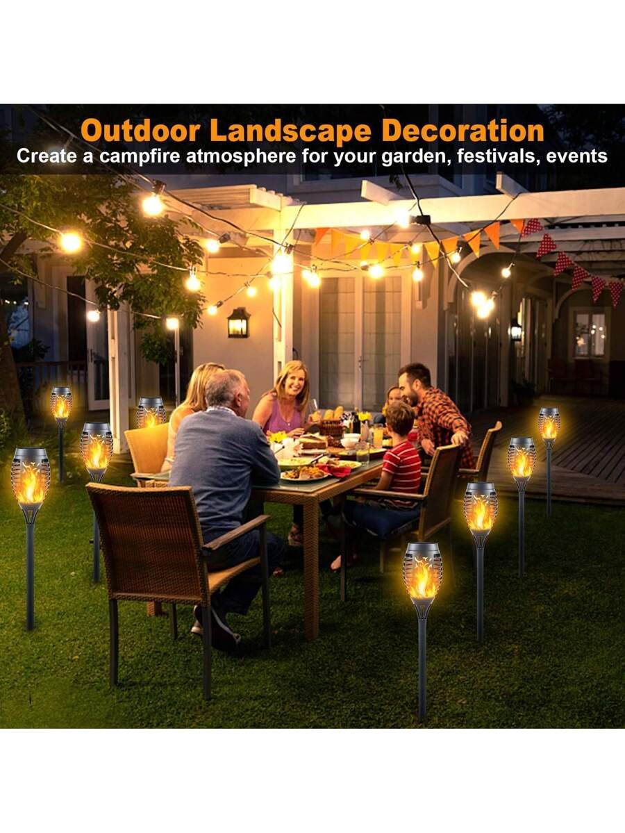 Paquete de 8 luces solares para exteriores con 12 LED: antorchas solares con llama parpadeante para decoración de jardín, iluminación de caminos actualizada, lámpara decorativa impermeable para exteriores, patio, césped, antorchas Tiki. - Imagen 3