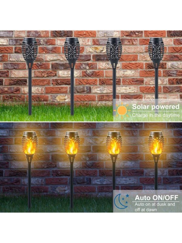 Paquete de 8 luces solares para exteriores con 12 LED: antorchas solares con llama parpadeante para decoración de jardín, iluminación de caminos actualizada, lámpara decorativa impermeable para exteriores, patio, césped, antorchas Tiki. - Imagen 5
