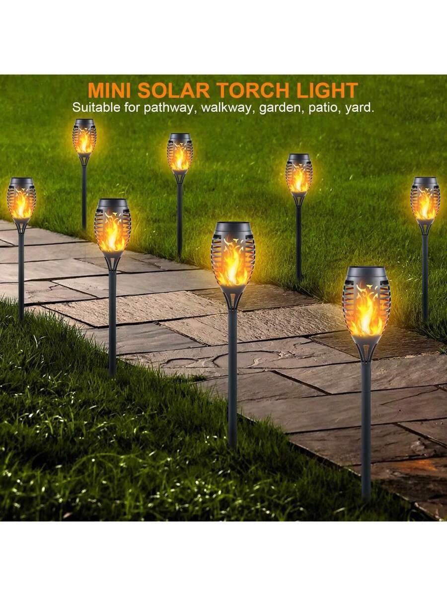 Paquete de 8 luces solares para exteriores con 12 LED: antorchas solares con llama parpadeante para decoración de jardín, iluminación de caminos actualizada, lámpara decorativa impermeable para exteriores, patio, césped, antorchas Tiki. - Imagen 6