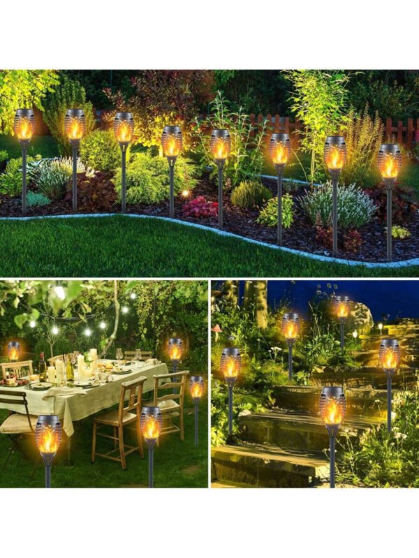 Paquete de 8 luces solares para exteriores con 12 LED: antorchas solares con llama parpadeante para decoración de jardín, iluminación de caminos actualizada, lámpara decorativa impermeable para exteriores, patio, césped, antorchas Tiki. - Imagen 7