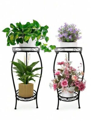 1 paquete de soporte para plantas para interior y exterior, soporte para plantas de metal negro resistente a la oxidación de 2 niveles alto, estante resistente para múltiples plantas, soporte para macetas de flores, estantería redonda resistente para plantas
