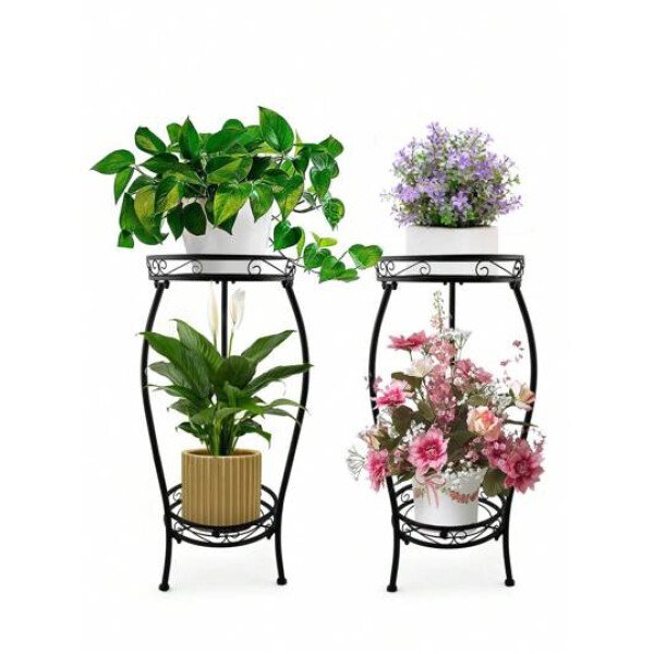 1 paquete de soporte para plantas para interior y exterior, soporte para plantas de metal negro resistente a la oxidación de 2 niveles alto, estante resistente para múltiples plantas, soporte para macetas de flores, estantería redonda resistente para plantas